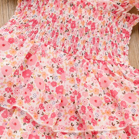 Toddler Girl Sweet Floral Print Smocked Ruffled Sleeveless Dress Pink big image 4