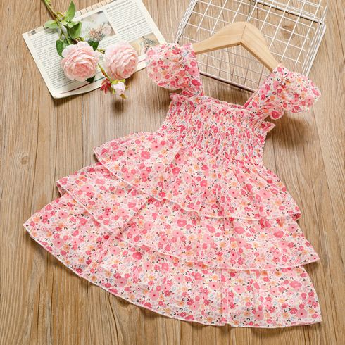 Toddler Girl Sweet Floral Print Smocked Ruffled Sleeveless Dress Pink big image 1