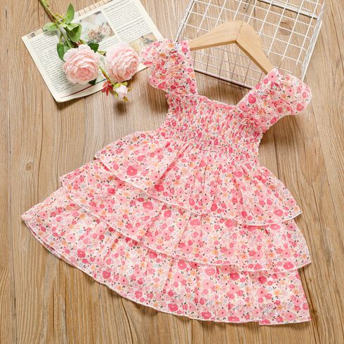 Toddler Girl Sweet Floral Print Smocked Ruffled Sleeveless Dress Pink big image 2