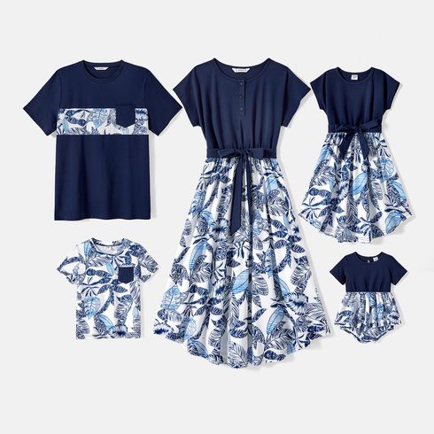 Family Matching 95% Cotton Allover Plant Print Short-sleeve Belted Spliced Dresses and T-shirts Sets