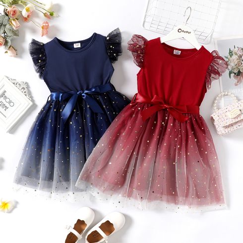 Kid Girl Glitter Star Design Mesh Splice Flutter-sleeve Belted Dress