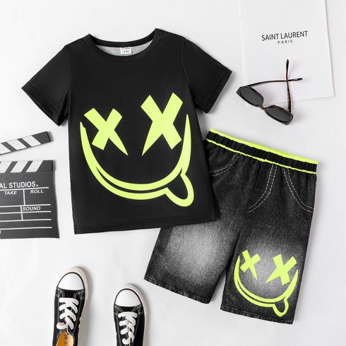 2pcs Kid Boy Face Graphic Short-sleeve Tee and Shorts Set