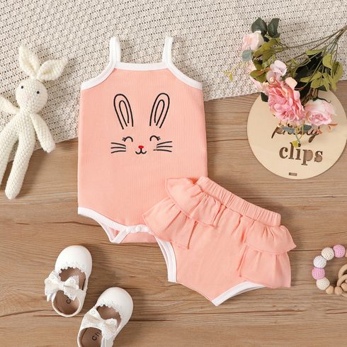 Easter 2pcs Baby Girl Rabbit Embroidered Ribbed Cami Romper and Layered Ruffle Trim Shorts Set