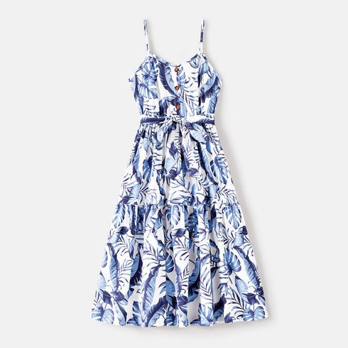 Family Matching Allover Leaf Print Naia™ Cami Dresses and Short-sleeve Colorblock T-shirts Sets lightbluewhite big image 7