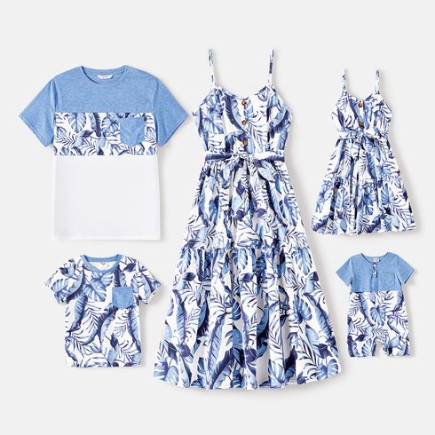 Family Matching Allover Leaf Print Naia Cami Dresses and Short-sleeve Colorblock T-shirts Sets