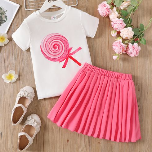 2pcs Kid Girl Lollipop Print Bowknot Design Short-sleeve Tee and Pleated Skirt Set