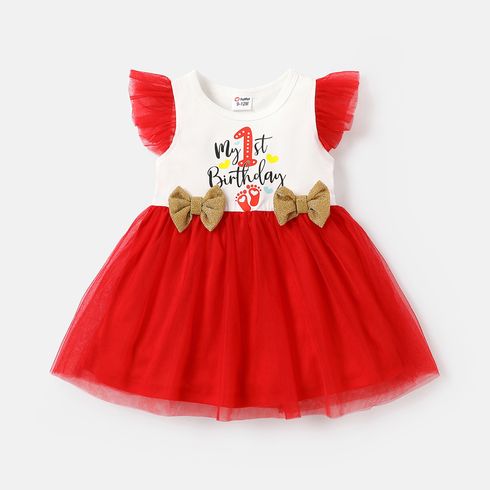 Baby Girl Letter Print Bow Front Flutter-sleeve Mesh Dress