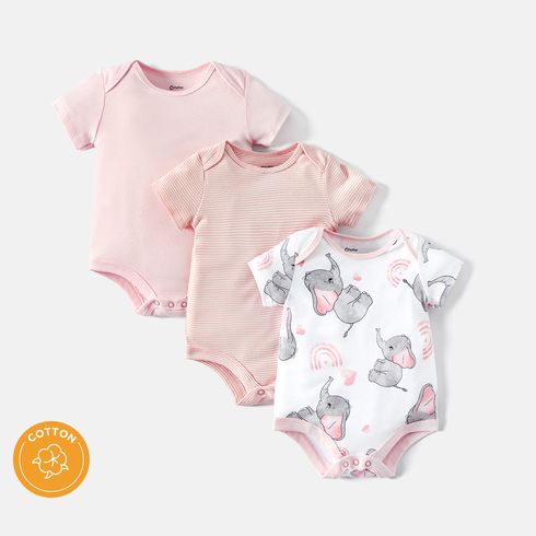 3er-Pack Kurzarm-Strampler für Mädchen/Jungen mit Elefantendruck/einfarbig