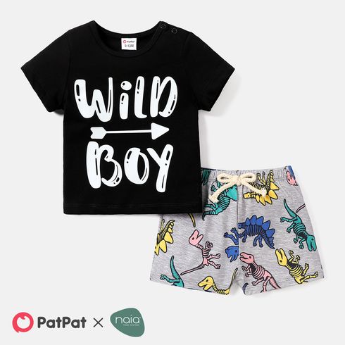 2pcs Baby Boy 100% Cotton Letter Print Short-sleeve Tee and Dinosaur Print Naia™ Shorts Set