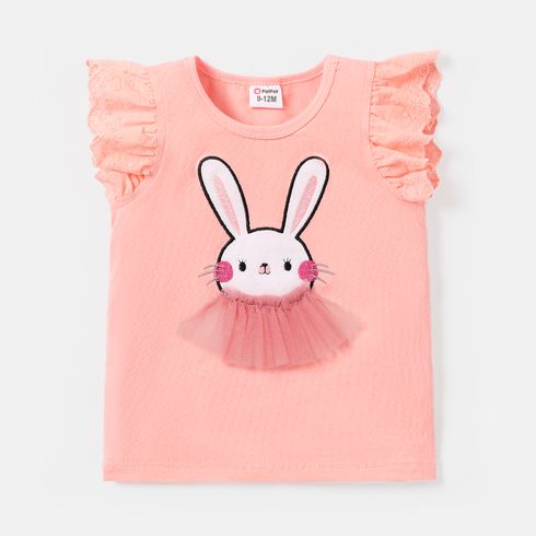 Baby Girl Cotton Rabbit Embroidered  Mesh Design Flutter-sleeve Tee