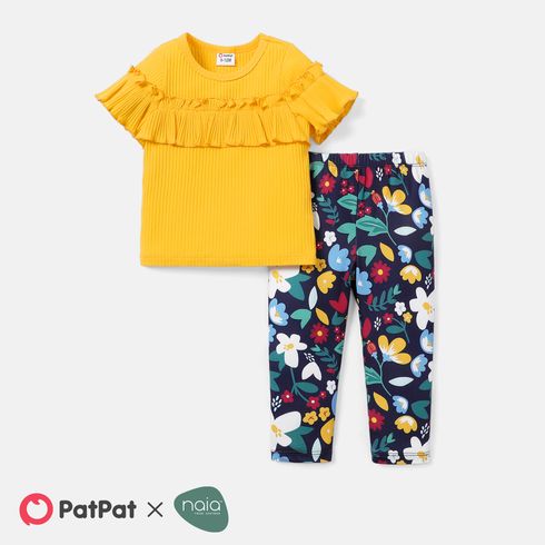 2pcs Baby Girl Solid Cotton Ribbed Ruffle Trim Short-sleeve Top and Floral Print Pants Set