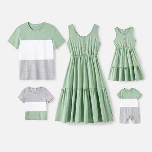 Family Matching Solid Tiered Tank Dresses and Short-sleeve Colorblock T-shirts Sets