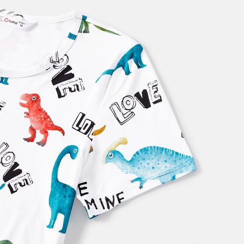 Family Matching Allover Dinosaur Print Drawstring Ruched Bodycon Dresses and Short-sleeve T-shirts Sets BlackandWhite big image 17
