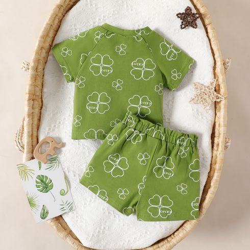 2pcs Baby Boy/Girl 95% Cotton Allover Leaf Print Short-sleeve Tee & Shorts Set Emerald big image 2