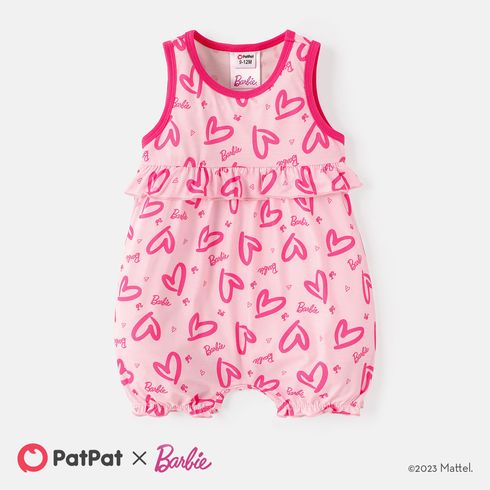 Barbie Valentine's Day Baby Girl Allover Heart & Letter Print Ruffle Trim Naia Tank Romper