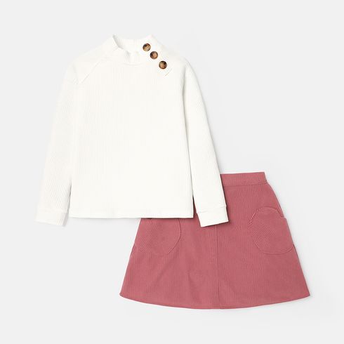 2pcs Kid Girl Button Design Mock Neck Long-sleeve Tee and Pocket Design Skirt Set
