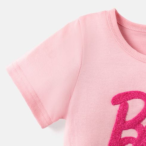 Barbie Toddler/Kid Girl Letter Embroidered Short-sleeve Cotton Tee Light Pink big image 4