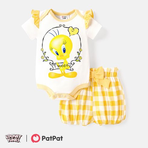 Looney Tunes 2pcs Baby Girl Graphic Print Ruffle Short-sleeve Romper and Plaid Naia Shorts Set