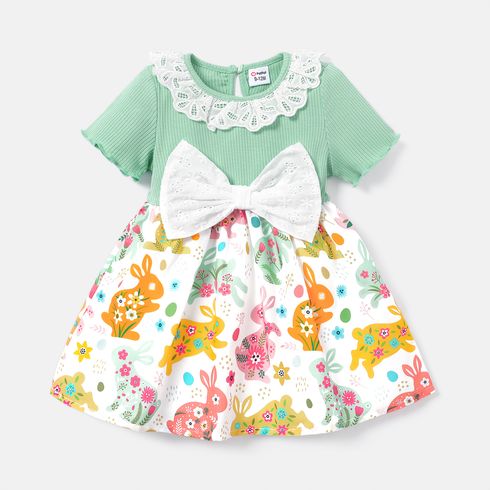 Baby Girl Lace Collar Short-sleeve Bow Front Solid & Floral-print Spliced Dress