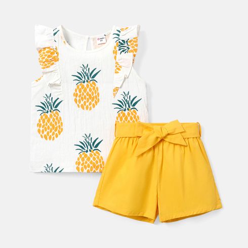 2pcs Toddler Girl 100% Cotton Pineapple Print Flutter-sleeve Tee and Belted Shorts Set