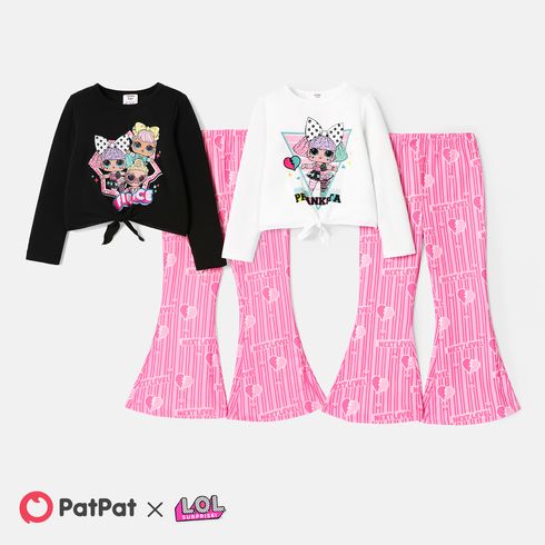 L.O.L. SURPRISE! 2pcs Kid Girl Graphic Print Tie Knot Long-sleeve White Tee and Stripe Heart Leopard Print Pink Flared Pants Set