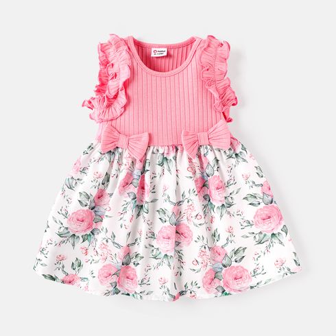 Baby Girl Cotton Ribbed Ruffle Trim Bow Front Floral Print Spliced Tank Dress