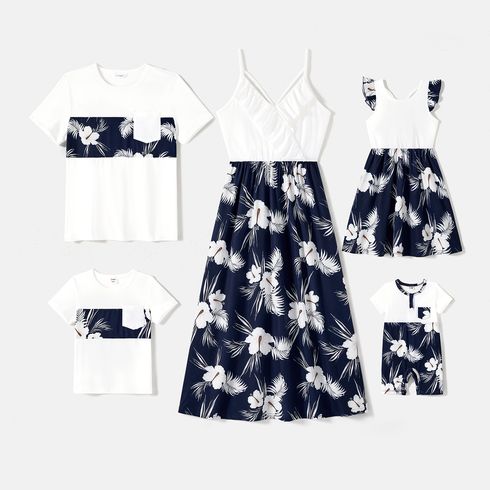 Family Matching Cotton Short-sleeve T-shirts and Floral Print Naia Spliced Ruffle Trim Cami Dresses Sets