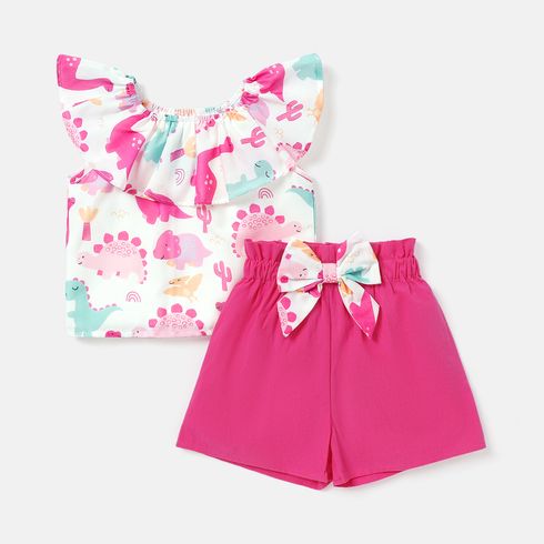2pcs Baby Girl Dinosaur Print Flounce Sleeveless Tee and Bowknot Design Cotton Shorts Set