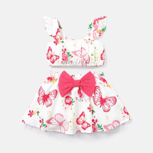 2pcs Baby Girl Floral Print Ruffled Camisole and Bowknot Design Skirt Set