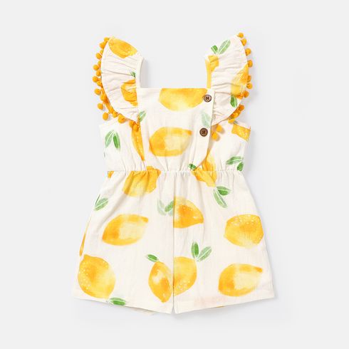 Toddler Girl 100% Cotton Fruit Print Pompom Design Flutter-sleeve Rompers