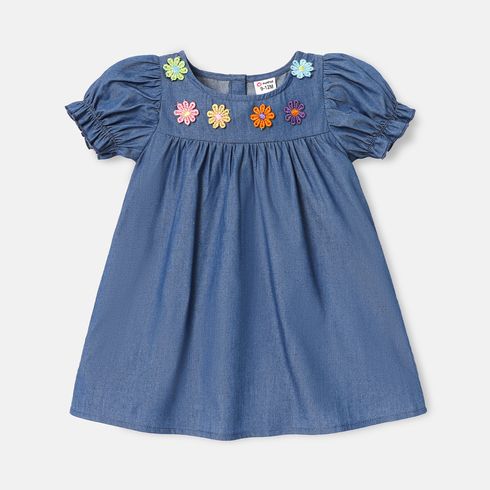 Baby Girl 100% Cotton Floral Applique Design Puff-sleeve Dress