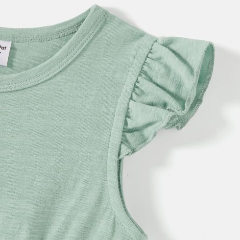 Family Matching Solid Cotton Button Front Drawstring Tank Dresses and Short-sleeve Colorblock T-shirts Sets GrayGreen big image 11