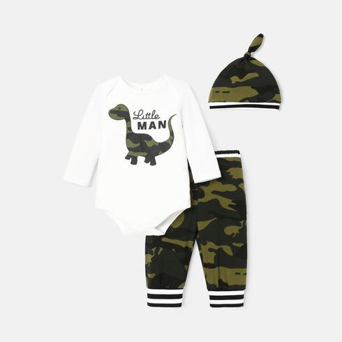 3pcs Baby Boy Cotton Long-sleeve Dinosaur & Letter Print Romper and Camouflage Pants with Hat Set
