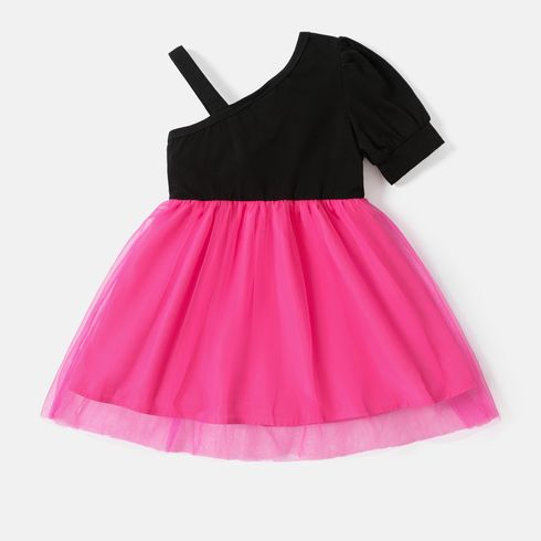 Barbie Toddler Girl Mother's Day Bowknot Design Cotton One Shoulder Mesh Splice Dress Black big image 2