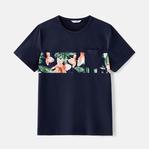 Family Matching Cotton Short-sleeve Spliced T-shirts and Allover Floral Print Belted Cami Dresses Sets royalblue big image 13