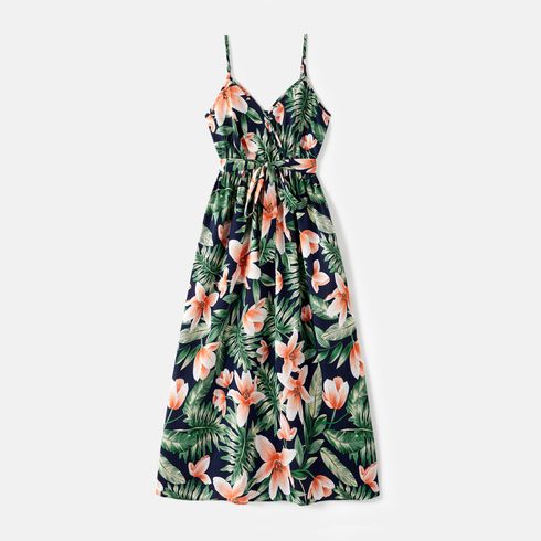 Family Matching Cotton Short-sleeve Spliced T-shirts and Allover Floral Print Belted Cami Dresses Sets royalblue big image 2