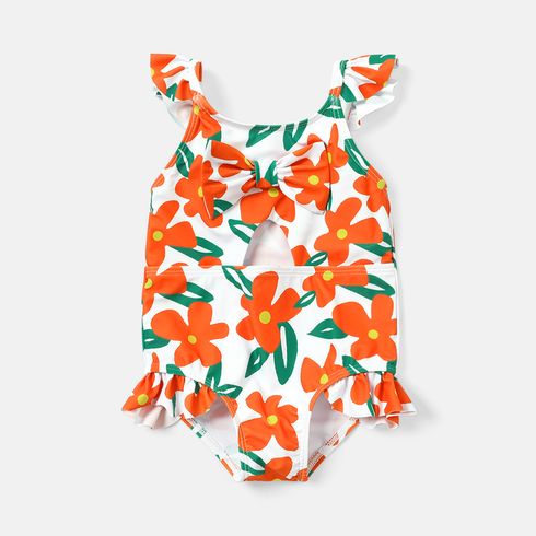 Baby Girl Allover Floral Print Ruffle Trim Bow Front Cut Out One-piece Swimsuit