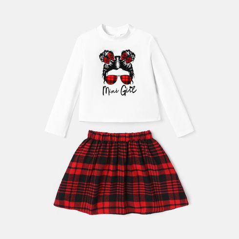 2pcs Kid Girl Figure Print Long-sleeve Tee and Plaid Skirt Set