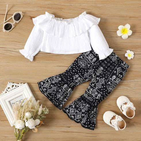 2pcs Baby Girl Solid Crepe Ruffle Trim Long-sleeve Crop Top and Boho Print Flared Pants Set