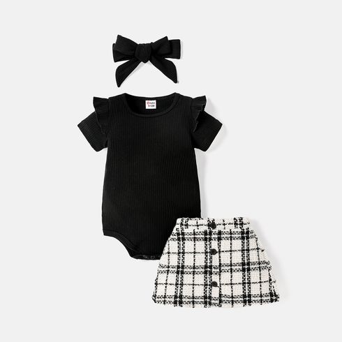 2pcs Baby Girl Black Cotton Ruffle Short-sleeve Romper and Tweed Skirt Set