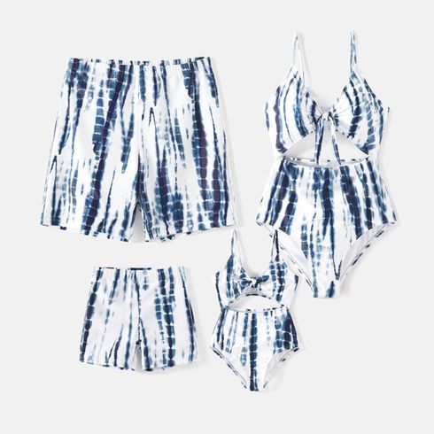 Family Matching Blue Tie Dye Knot Front Cut Out One-piece Swimsuit and Swim Trunks