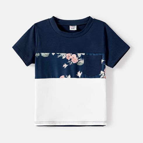 Family Matching Cotton Short-sleeve Spliced Tee and Allover Floral Print Flutter-sleeve Belted Dresses Sets Tibetanbluewhite big image 6
