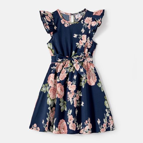 Family Matching Cotton Short-sleeve Spliced Tee and Allover Floral Print Flutter-sleeve Belted Dresses Sets Tibetanbluewhite big image 9
