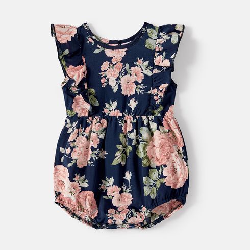 Family Matching Cotton Short-sleeve Spliced Tee and Allover Floral Print Flutter-sleeve Belted Dresses Sets Tibetanbluewhite big image 2