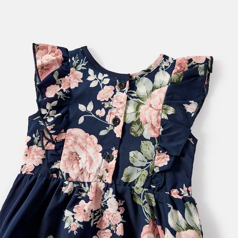 Family Matching Cotton Short-sleeve Spliced Tee and Allover Floral Print Flutter-sleeve Belted Dresses Sets Tibetanbluewhite big image 4