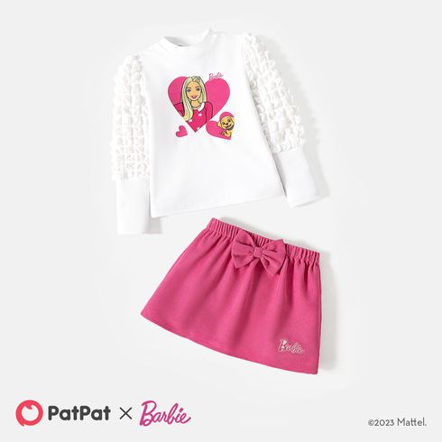 Barbie 2pcs Toddler Girl Textured Sleeve Cotton Sweatshirt and Bowknot Design Skirt Set