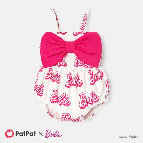Barbie Baby Girl 95% Cotton Allover Letter Print Bow Front Cami Romper PinkyWhite big image 1