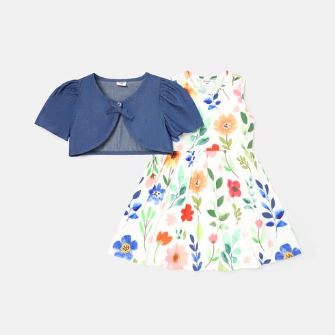 Naia 2pcs Toddler Girl Floral Print Sleeveless Dress and Denim Cardigan Set