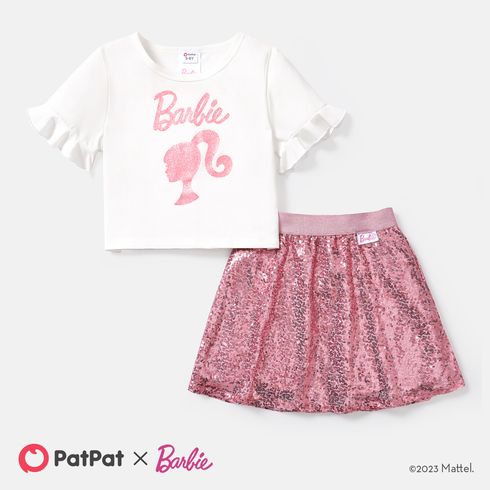 Barbie Kid Girl Glitter Print Short-sleeve Cotton Tee and Sequined Skirt Set White big image 1