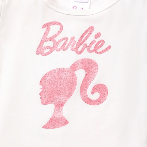 Barbie Kid Girl Glitter Print Short-sleeve Cotton Tee and Sequined Skirt Set White big image 3